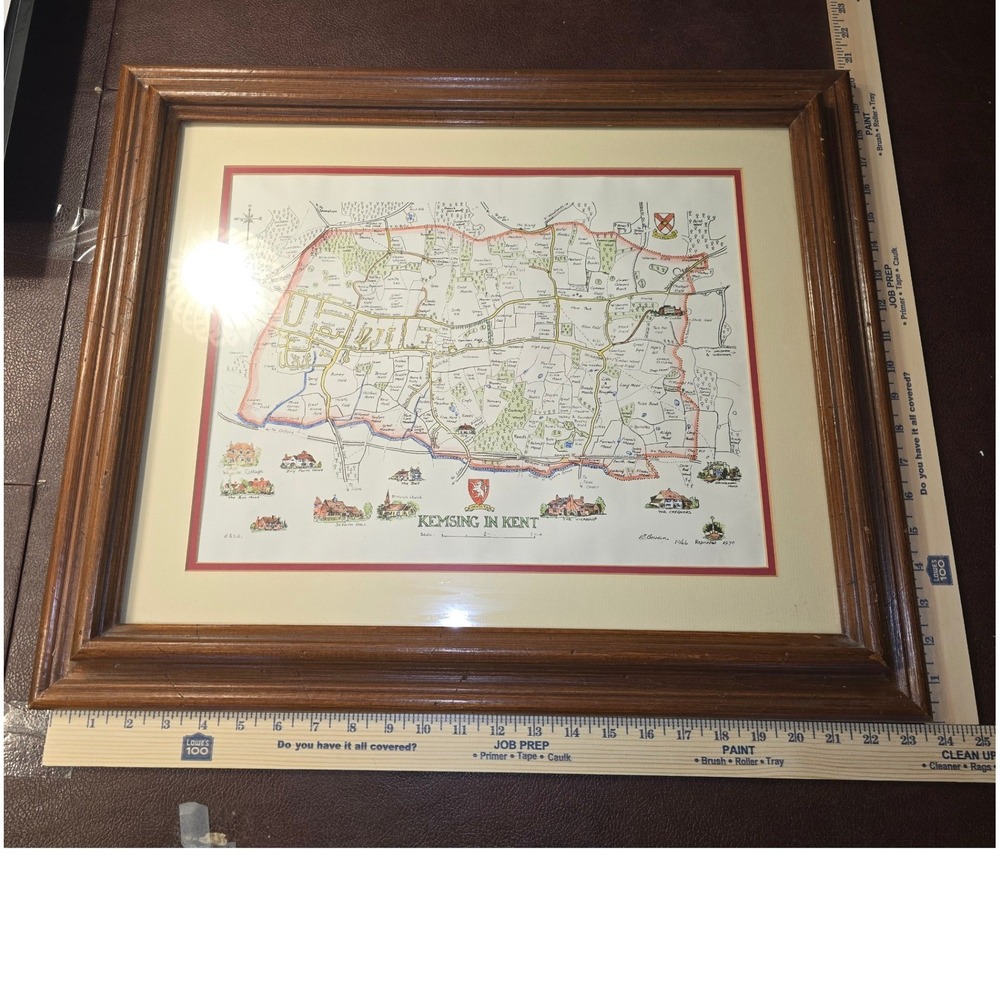 Vintage Kemsing in Kent Map V.E. Bowden 1970 Framed‎ Illustrated Pictorial Art